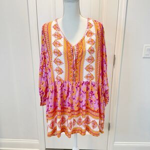 Heccpli Women's Size Large Boho Colorful Dress Midi Pink Orange Lightweight